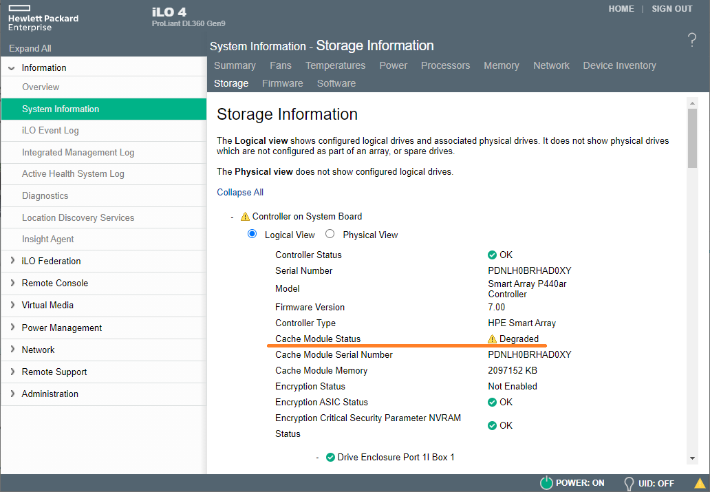 Cache module status failed hp proliant что это